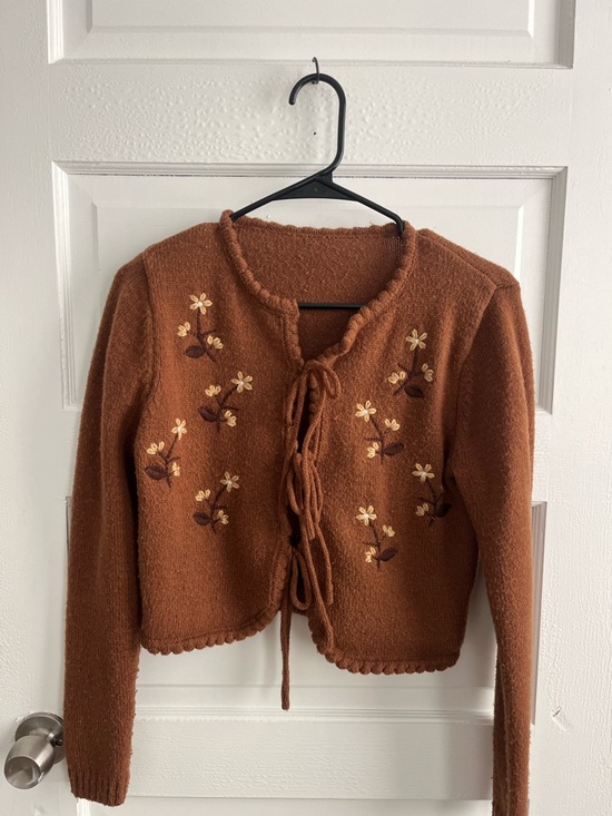 Cider Sweaters - Cider Embroidered Tie-Front Sweater Cardigan